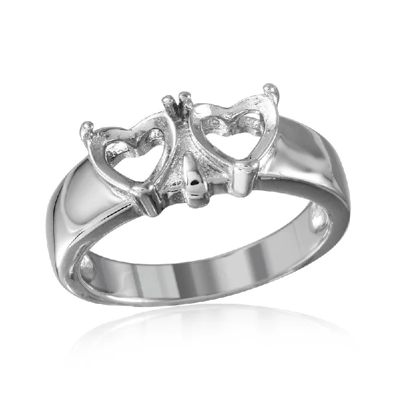 ladies ring baguette cut-Silver 925 Rhodium Plated Double Heart Mounting Ring - BGR00502