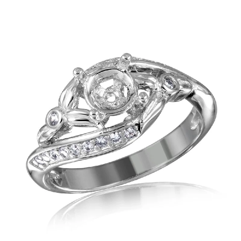 ladies ring twisted silver-Silver 925 Rhodium Plated Overlap CZ Flower Design Mounting Ring - BGR00816