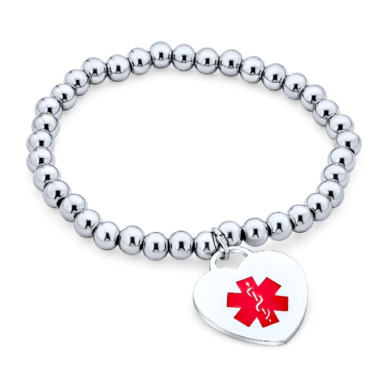 Ladies bracelets satin finish styles-Medical ID Bracelet with Heart Charm and Stretchable Stainless Steel Tag