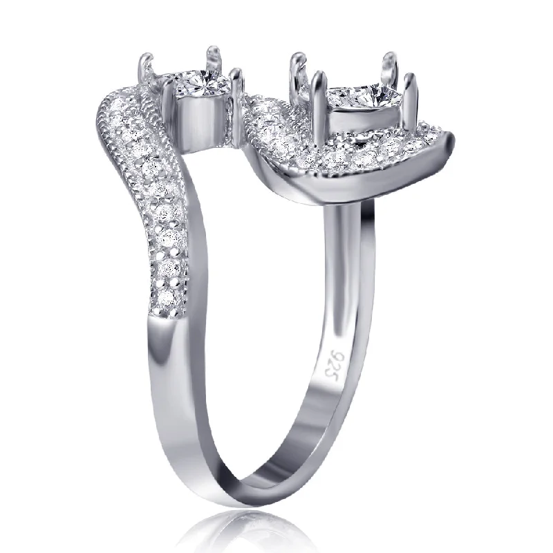 ladies ring stackable silver-Silver 925 Rhodium Plated Wave CZ Mounting Ring - BGR00812