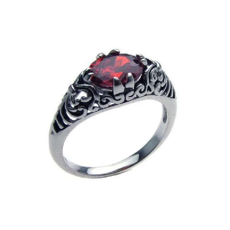 ladies ring oversized-Silver 925 Oxidized Rhodium Plated Red CZ Antique Ring - STR00611