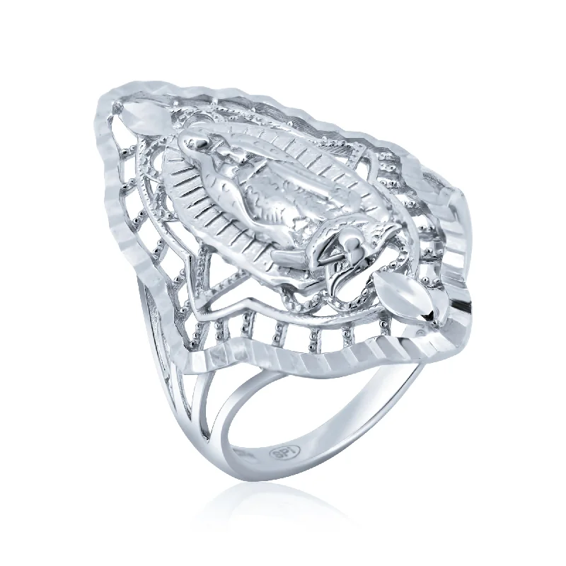 ladies ring nickel free-Silver Rhodium Plated Diamond Cut Filigree Guadalupe CZ Ring - GMR00364