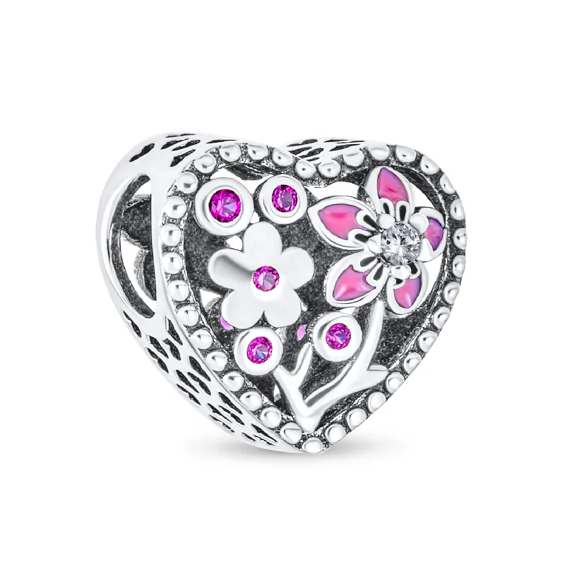 Ladies bracelets sapphire stone designs-Valentine CZ Accent Pink Red Enamel Flower Heart Charm Bead for Bracelets