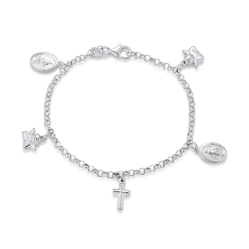 Ladies bracelets oxidized finish styles-Multi Charm Religious Anklet Ankle Bracelet Sterling Silver 10" with Crosses & Cherub