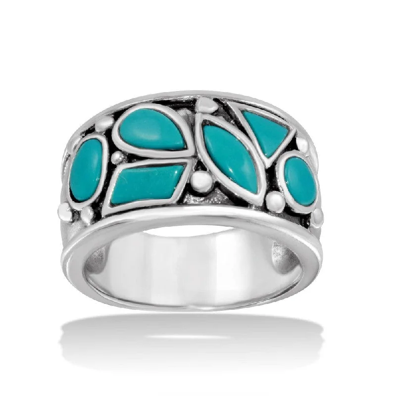 ladies ring white gold-High Polished 925 Sterling Silver Turquoise Stones Ring - CR00726