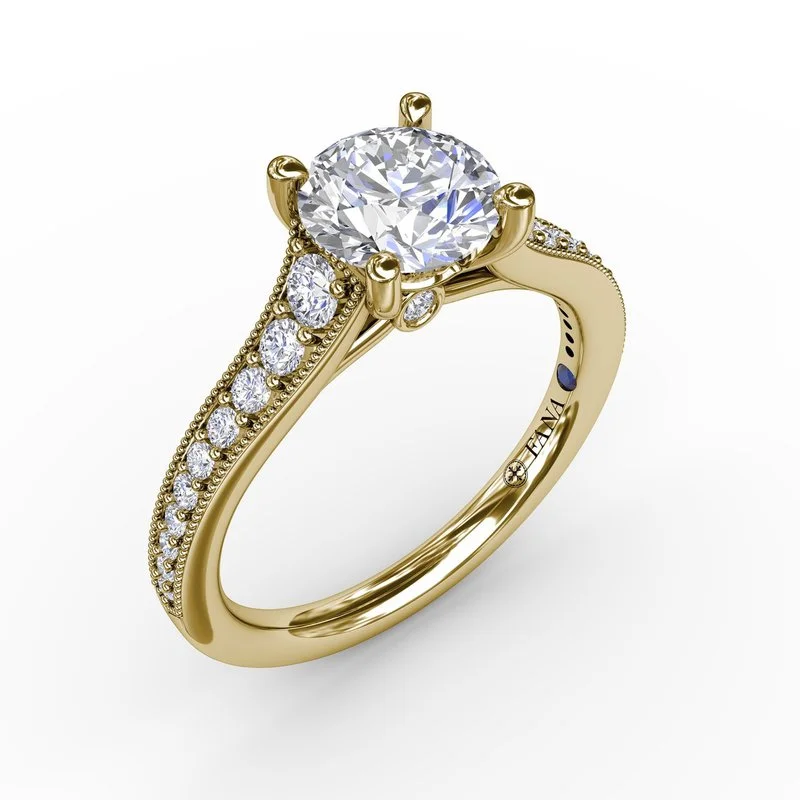 ladies engagement ring cluster-Classic Round Diamond Solitaire Engagement Ring With Milgrain Edge