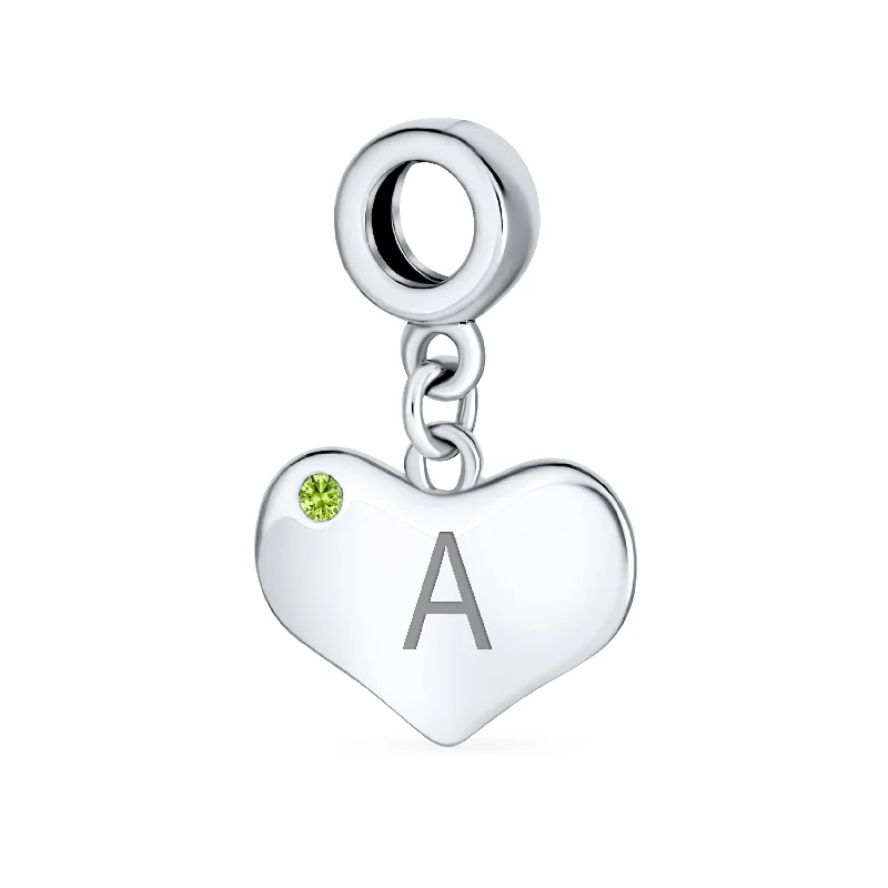 Ladies bracelets tarnish-free designs-Initial Alphabet Bead Charm Lime Green Peridot Heart Dangle for European Bracelet