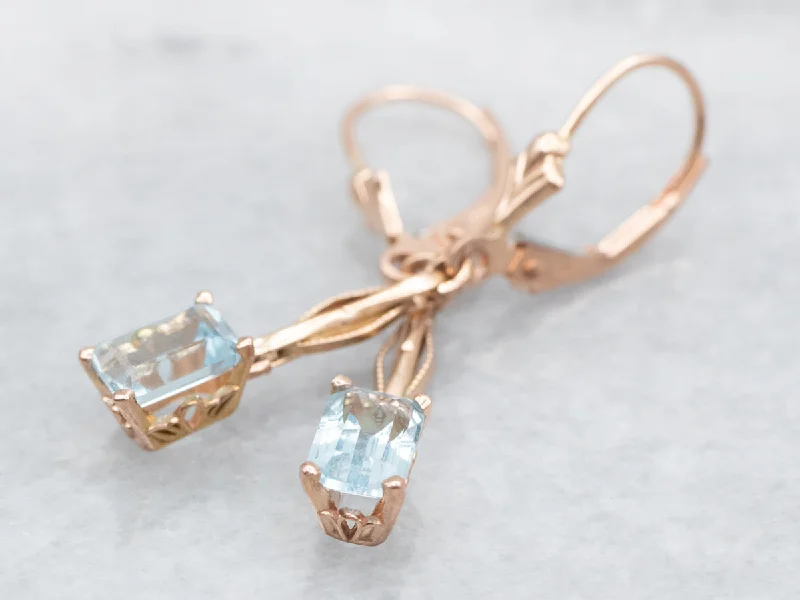 ladies earrings one of a kind-Rose Gold Emerald Cut Blue Topaz Drop Earrings