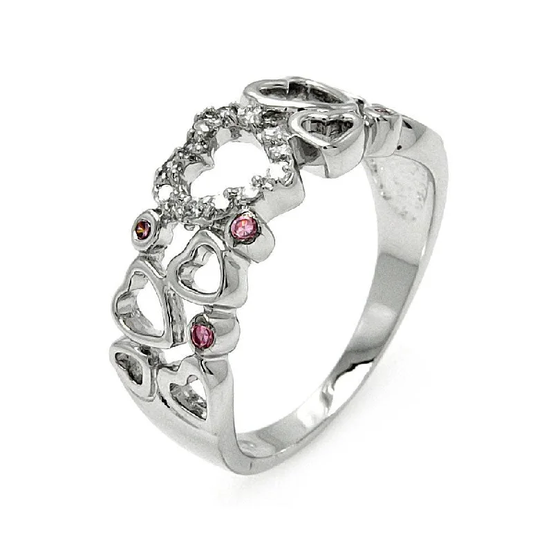 ladies ring under 20-Silver 925 Rhodium Plated Clear and Pink CZ Multi Heart Ring - BGR00587