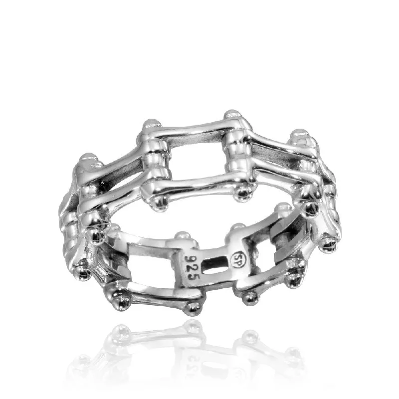 ladies ring geometric patterns-High Polished 925 Sterling Silver Biker Chain Ring - CR00794