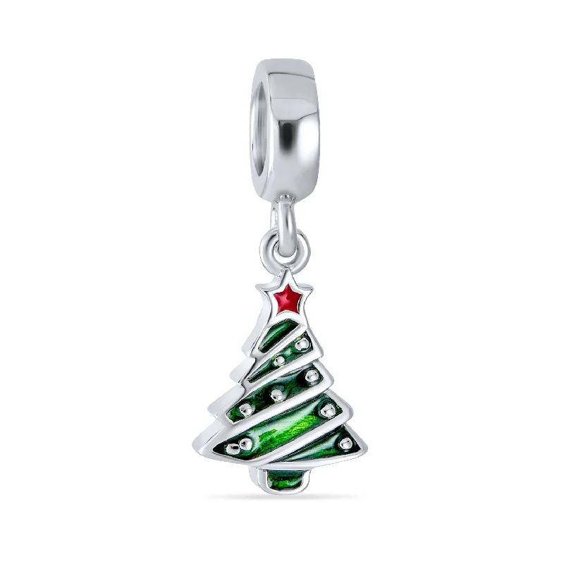 Ladies bracelets soft glow styles-Christmas Charm Bead Red Star & Green Tree Dangle Enamel Sterling Silver for Bracelets