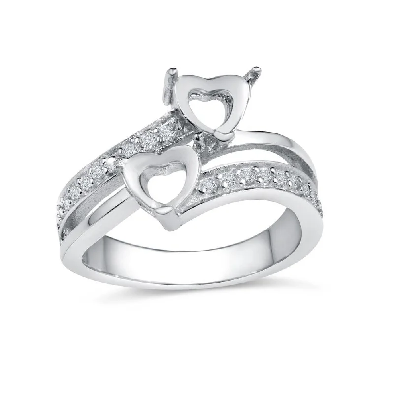 ladies ring engraved silver-Rhodium Plated 925 Sterling Silver Double Heart Ring with CZ - BGR01021