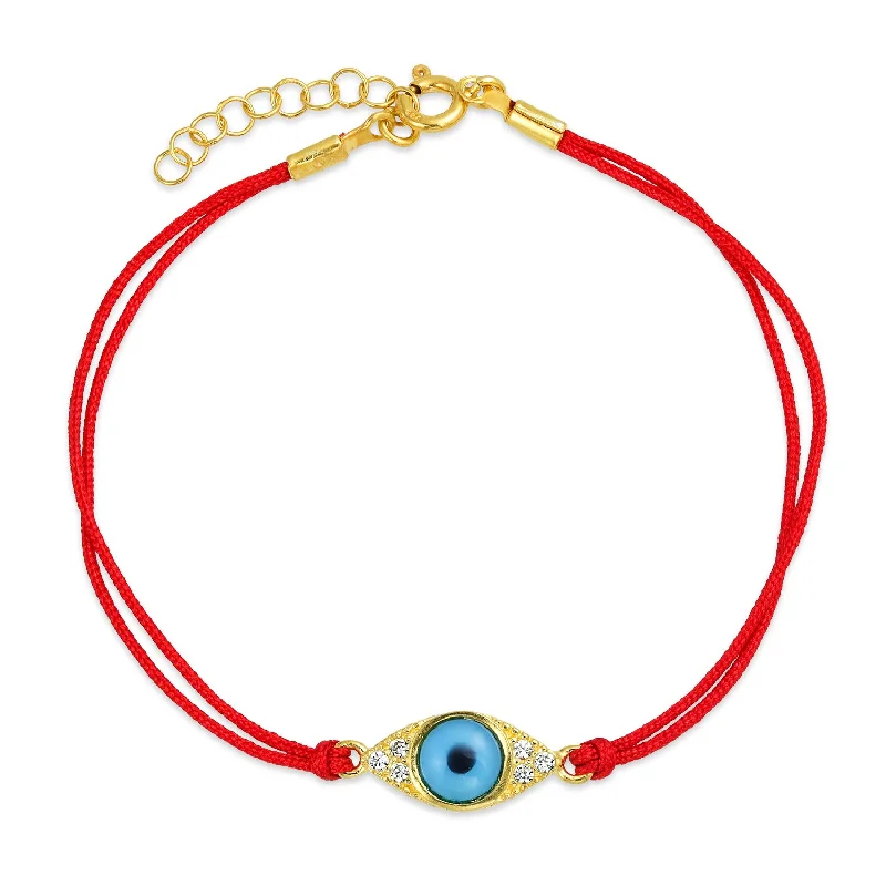 Ladies bracelets long-lasting bracelets-Minimalist Charm Bracelet with Turkish Blue Evil Eye and Red String 14K Gold Plated