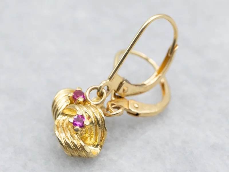 ladies earrings white gold-Gold Ruby Twist Drop Earrings