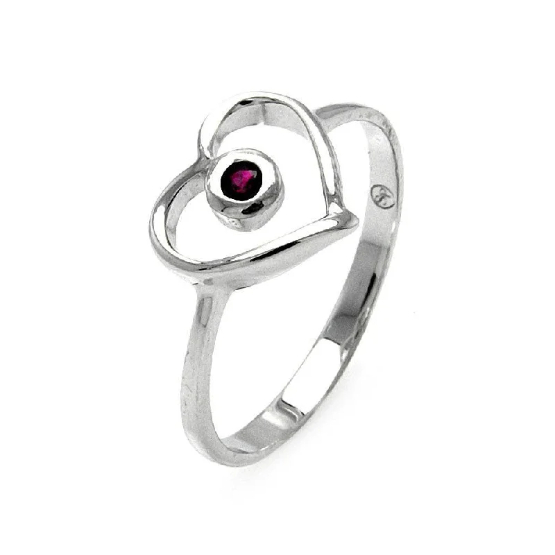 ladies ring gemstone-Silver 925 Rhodium Plated Small Red CZ Open Heart Ring - STR00900