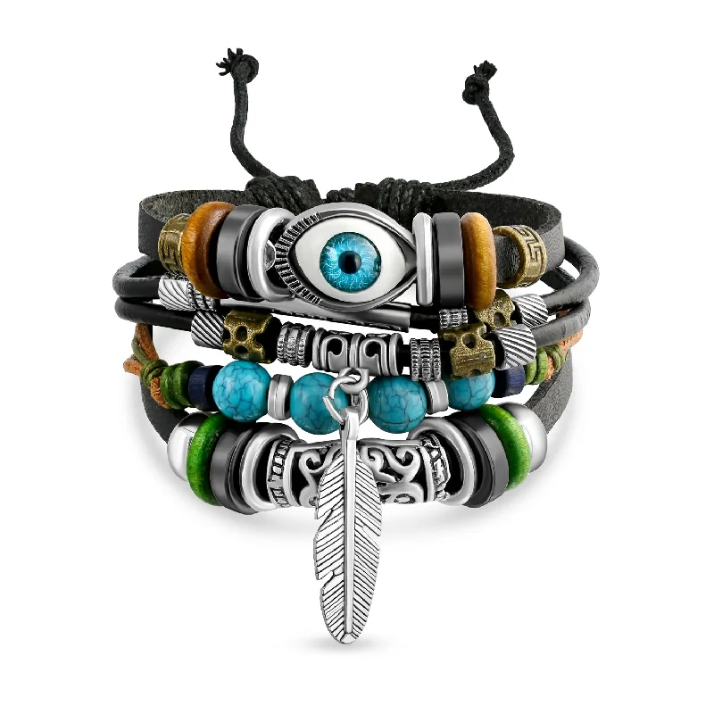 Ladies bracelets layered band designs-Boho Leaf Brown Leather Wrap Bracelet with Turquoise Beads and Feather Charm