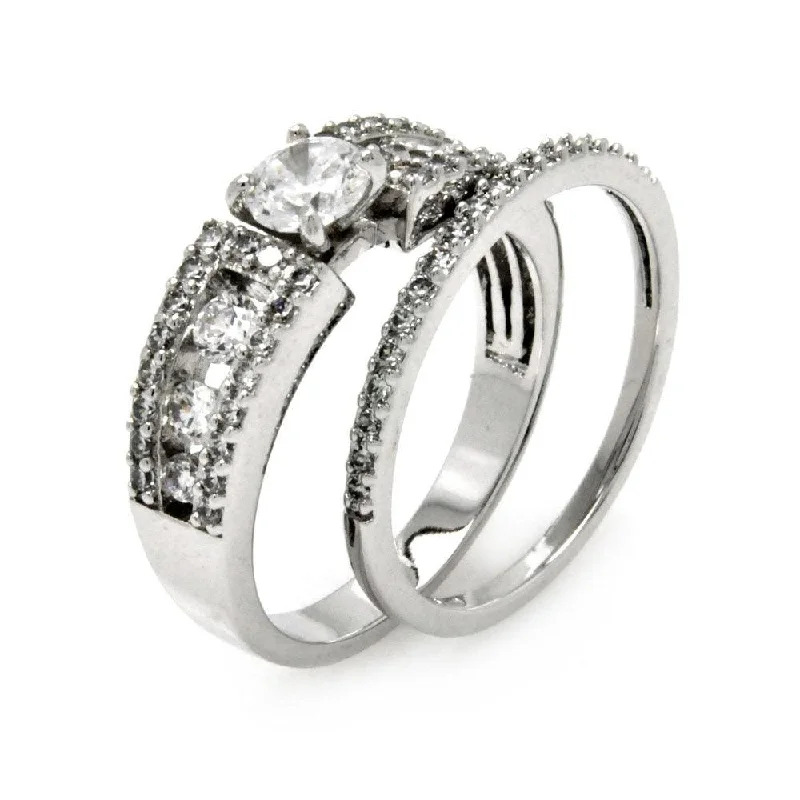 ladies ring diamond accent-Silver 925 Rhodium Plated Clear Pave Set Round Center CZ Bridal Ring Set - BGR00458