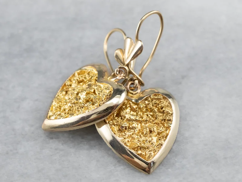 ladies earrings heavy gold-Gold Nugget Center Heart Drop Earrings