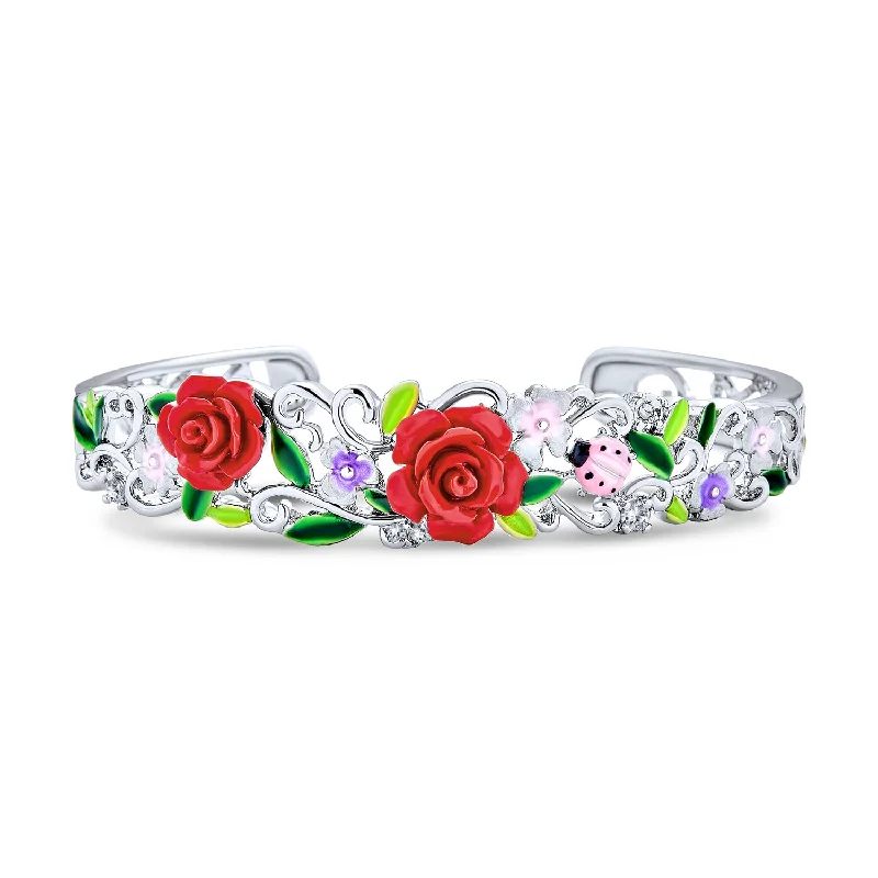 Ladies bracelets flexible band bracelets-Ladybug Floral Bouquet Red Rose Cuff Bracelet in Silver Filigree Design