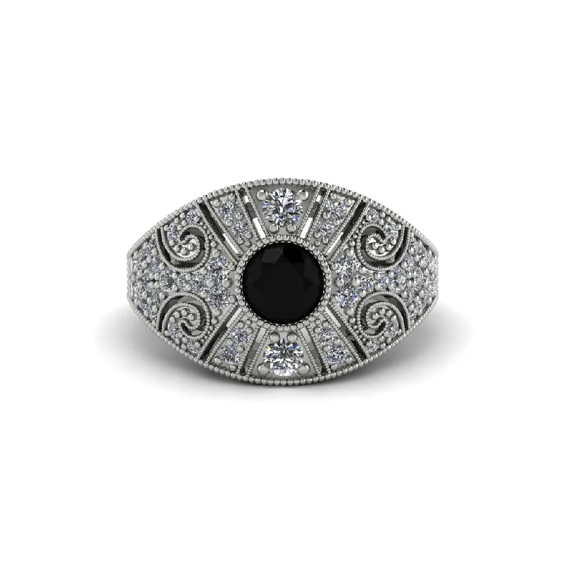 ladies engagement ring clearance platinum-Black Diamond Vertical Three Stone Vintage Engagement Ring - Vivienne No. 9