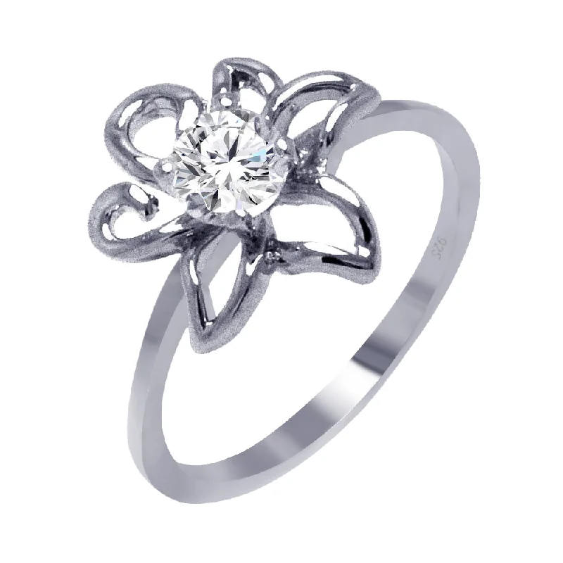 ladies ring curved design-Silver 925 Rhodium Plated Clear Round Center CZ Flower Outline Ring - BGR00395