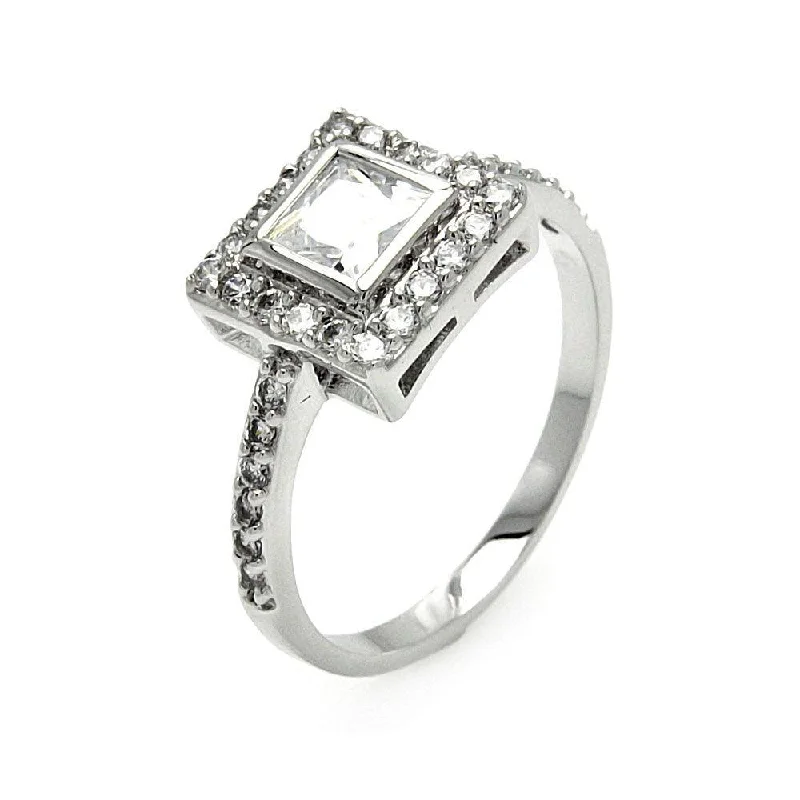 ladies ring recycled metal-Silver 925 Rhodium Plated Clear Cluster CZ Square Bridal Ring - BGR00572