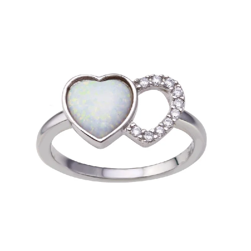 ladies ring trendy gold-Rhodium Plated 925 Sterling Silver 2 Open Heart Simulated Opal and Clear CZ Ring - BGR01354