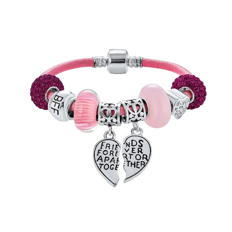 Ladies bracelets stretch band styles-Best Friend Sorority Sister BFF Heart Butterfly Charm Bracelet Pink Leather Silver Clasp