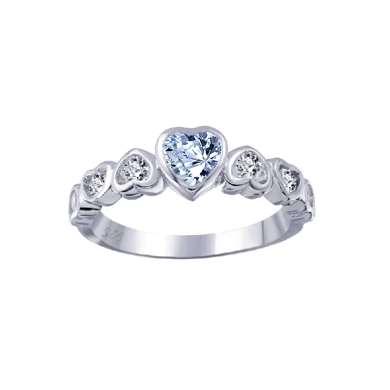 ladies ring glossy silver-Silver 925 Rhodium Plated Teal Center CZ Heart Ring - BGR00014A