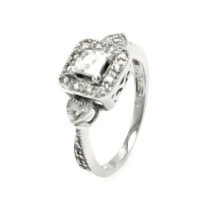 ladies ring limited gold-Silver 925 Rhodium Plated Clear Cluster CZ Square Heart Bridal Ring - BGR00470