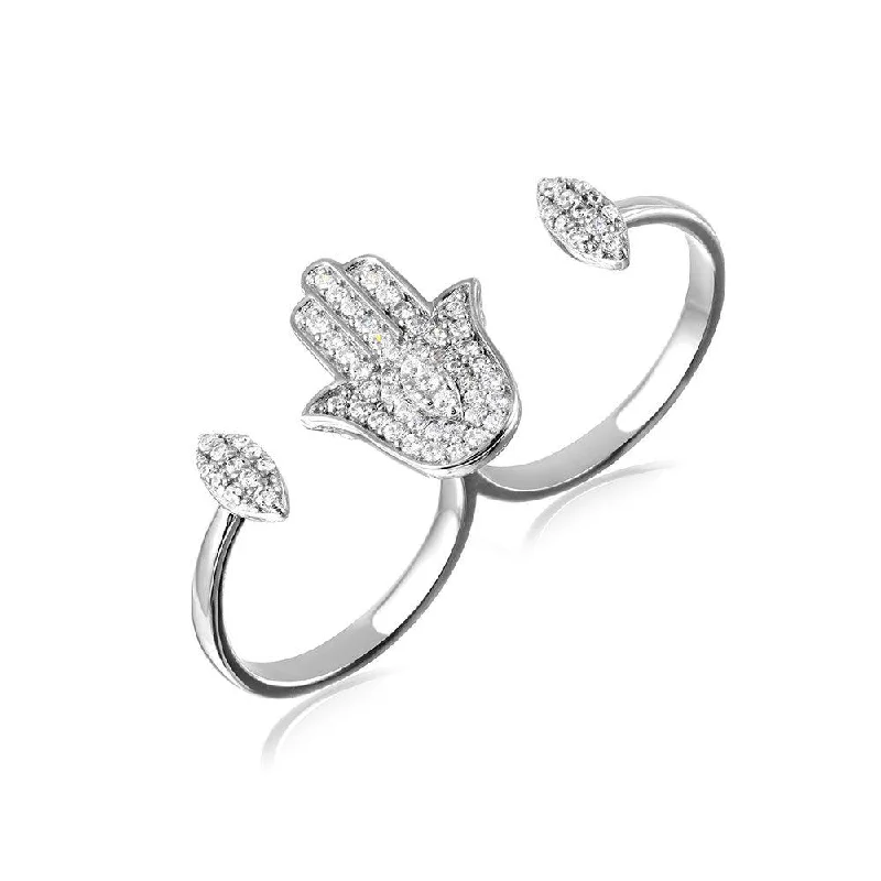 ladies ring eternity-Silver 925 Rhodium Plated CZ Hamsa Hand Double Ring - GMR00102