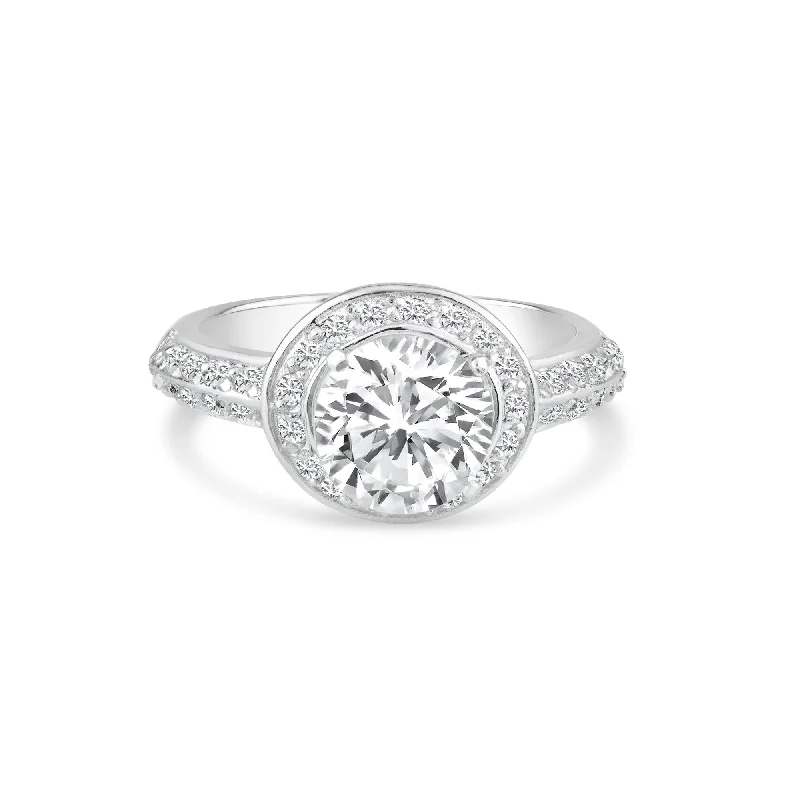 ladies ring subtle-Silver 925 Rhodium Plated Clear Micro Pave Set and Round Center CZ Bridal Ring - BGR00737