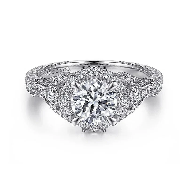 ladies engagement ring white gold luxury-Annadale - Unique 14K White Gold Vintage Inspired Diamond Halo Engagement Ring (Setting Only)