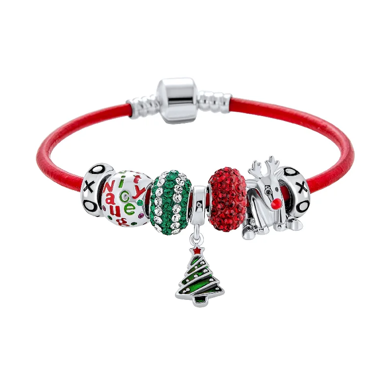 Ladies bracelets upcycled bracelet designs-Christmas Tree Charm Bracelet with Rudolf Reindeer & Red Leather Sterling Silver Clasp