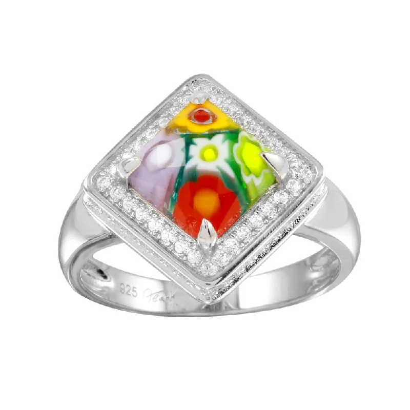 ladies ring opal gold-Rhodium Plated 925 Sterling Silver Square Halo CZ Murano Glass Ring - MR00009