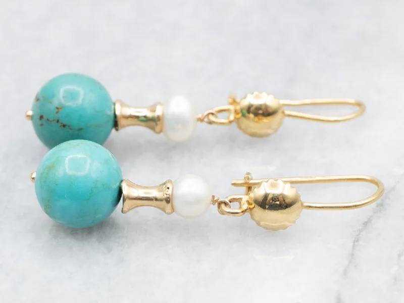 ladies earrings winter gold-Beaded Turquoise and Pearl Drop Earrings