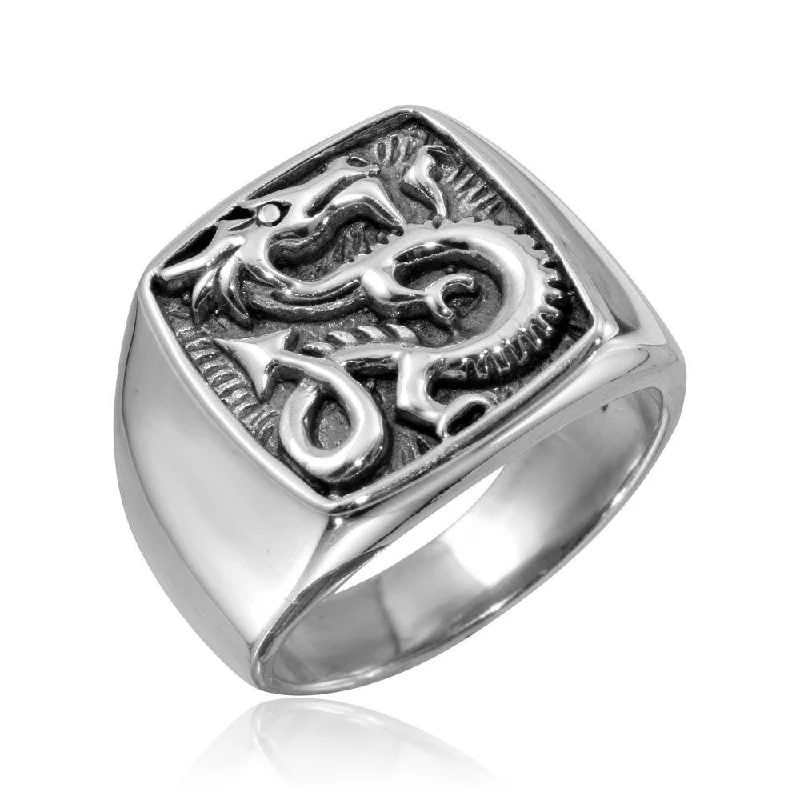 ladies ring carved-High Polished 925 Sterling Silver Square Dragon Ring - CR00797