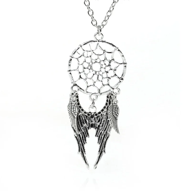 Ladies necklaces brushed texture styles-Angel Wing Dreamcatcher Pendant Necklace