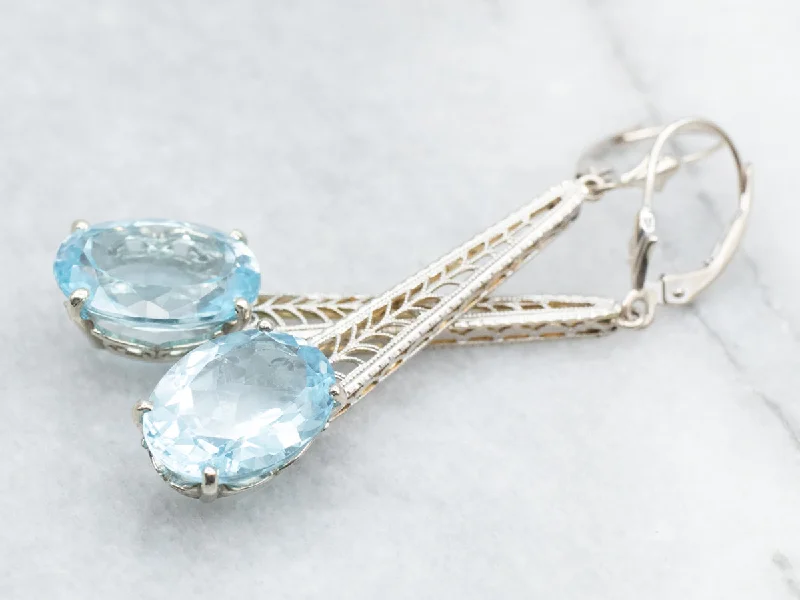 ladies earrings hypoallergenic silver-Blue Topaz Filigree Drop Earrings