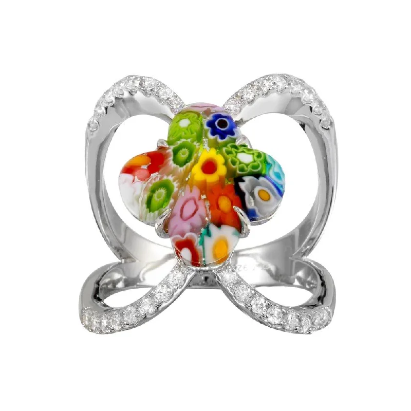 ladies ring romantic gold-Rhodium Plated 925 Sterling Silver Open Shank Flower Shape Murano Glass CZ Ring - MR00013