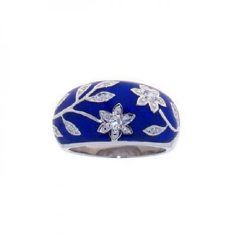 ladies ring cyber monday-Silver 925 Rhodium Plated Blue Enamel CZ Flower Ring - STR00607