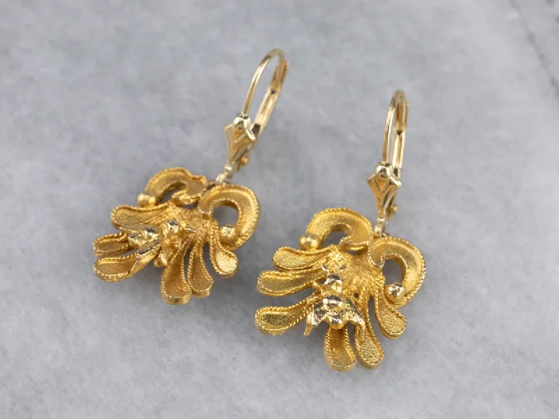 ladies earrings valentine silver-Bee and Flower 18K Gold Drop Earrings