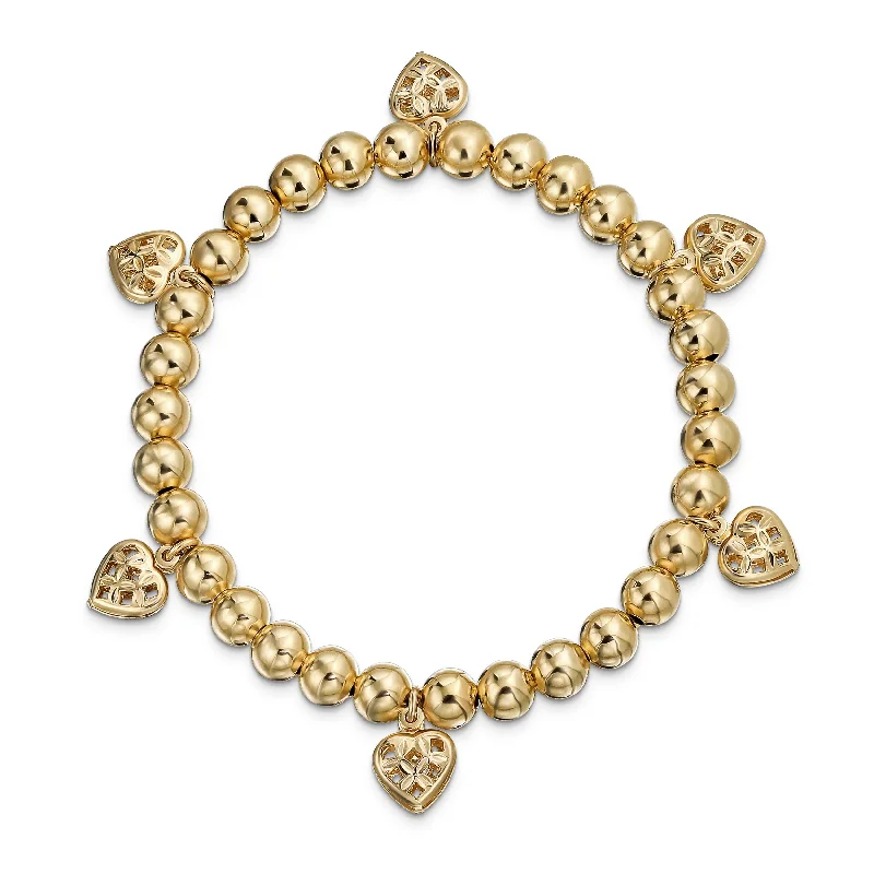 Ladies bracelets polished shine designs-Multi Heart Dangle Charms Stretch Bracelet 18K Gold Plated Brass 6.5-7.5 Inch