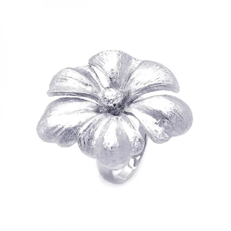 ladies ring braided gold-Silver 925 Rhodium Plated Matte Finish Single CZ Flower Ring - STR00820