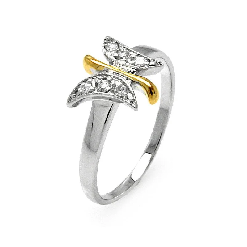 ladies ring scalloped-Silver 925 Rhodium and Gold Plated 2 Toned Clear Pave Set CZ Butterfly Ring - BGR00505