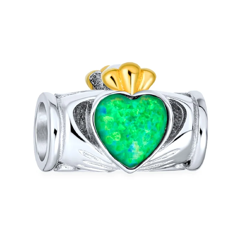 Ladies bracelets top jewelry brands-Green Opal Heart Crown Claddagh Charm Bead Two-Tone Silver for European Bracelet