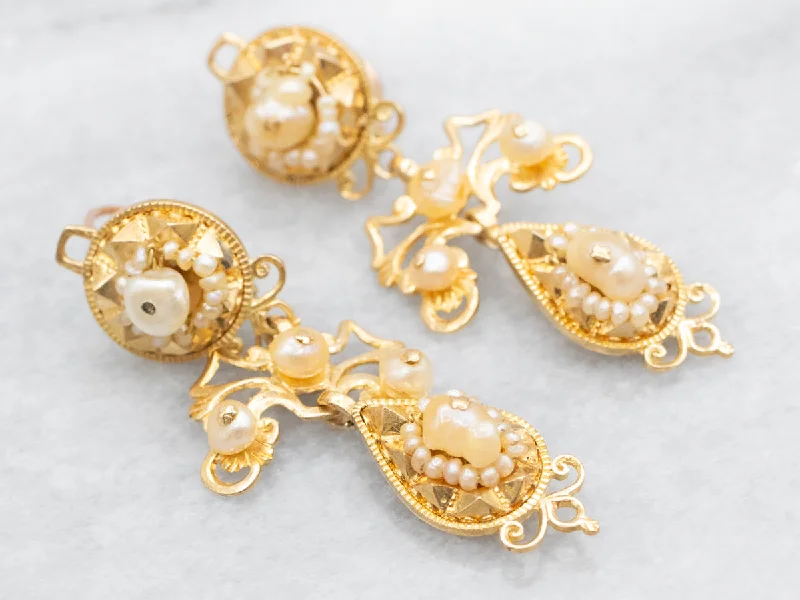 ladies earrings 1950s style-Antique Natural Pearl and Gold Filigree Drop Earrings