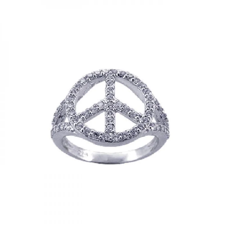 ladies ring floral-Silver 925 Rhodium Plated CZ Peace Sign Ring - STR00595