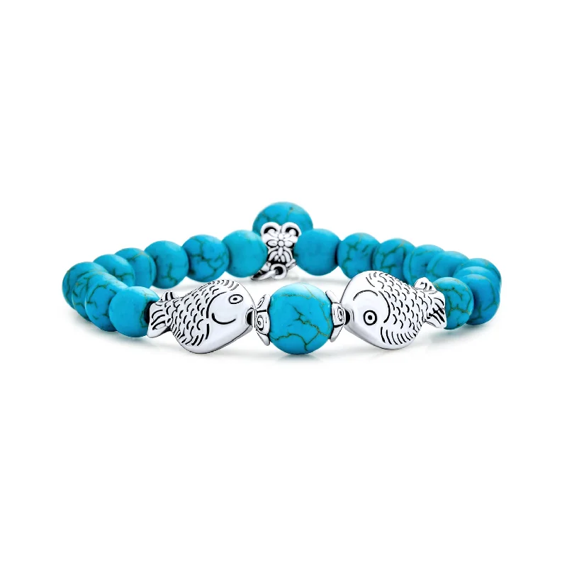 Ladies bracelets domed shape styles-Nautical Blue Turquoise Pisces Charm Stretch Bracelet with Silver Plated Beads