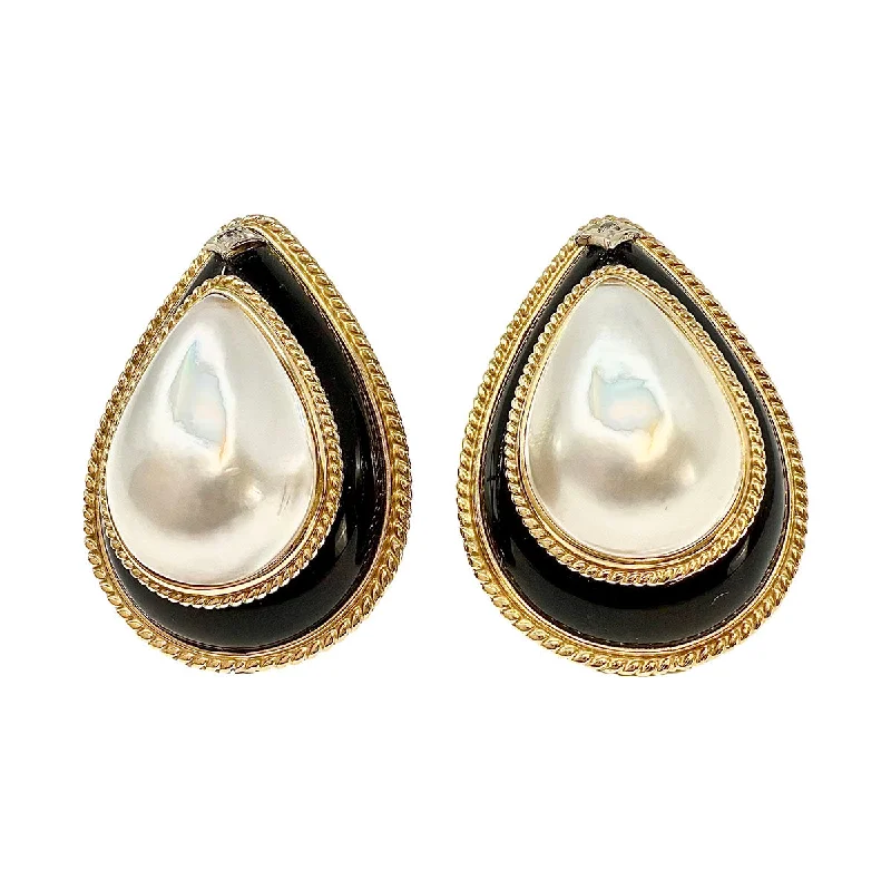 ladies earrings halo gold-14K Gold Teardrop Shaped Earrings with Onyx, Mabe Pearl and Diamond